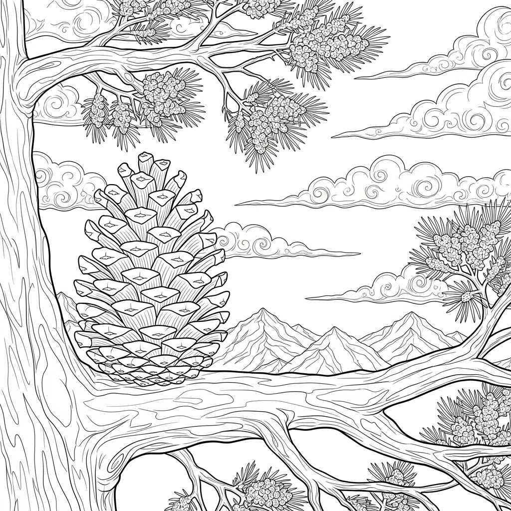 Página para Colorir: Cone de Pinho Realista em Ramo coloring page printable
