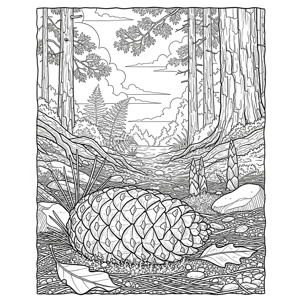 Colora la Cono di Pino Realistico su un Pavimento di Bosco coloring page printable
