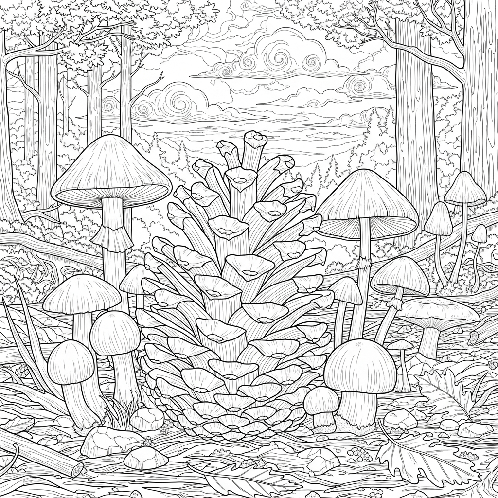 Pagina da Colorare Con Pigna Realistica e Funghi coloring page printable