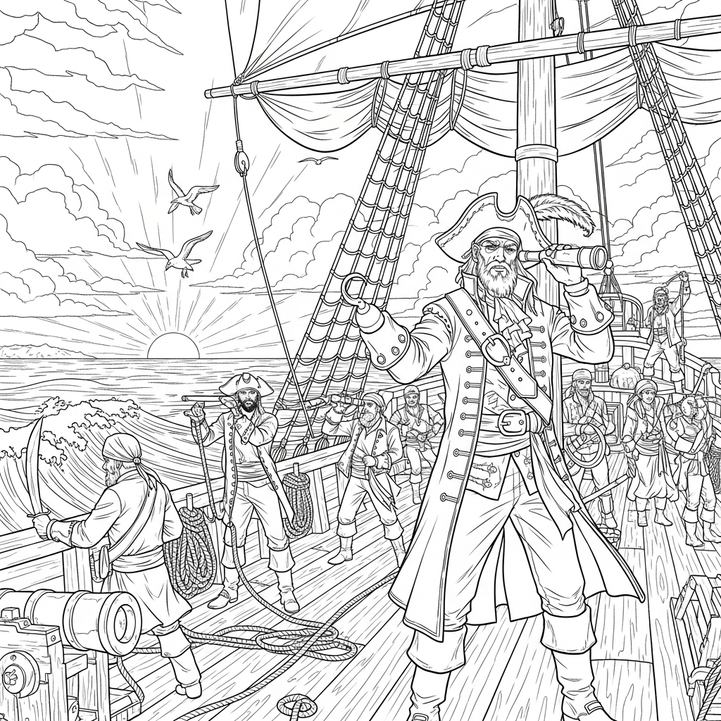 Intricate Pirate Captain Leading Crew Coloring Page coloring page printable