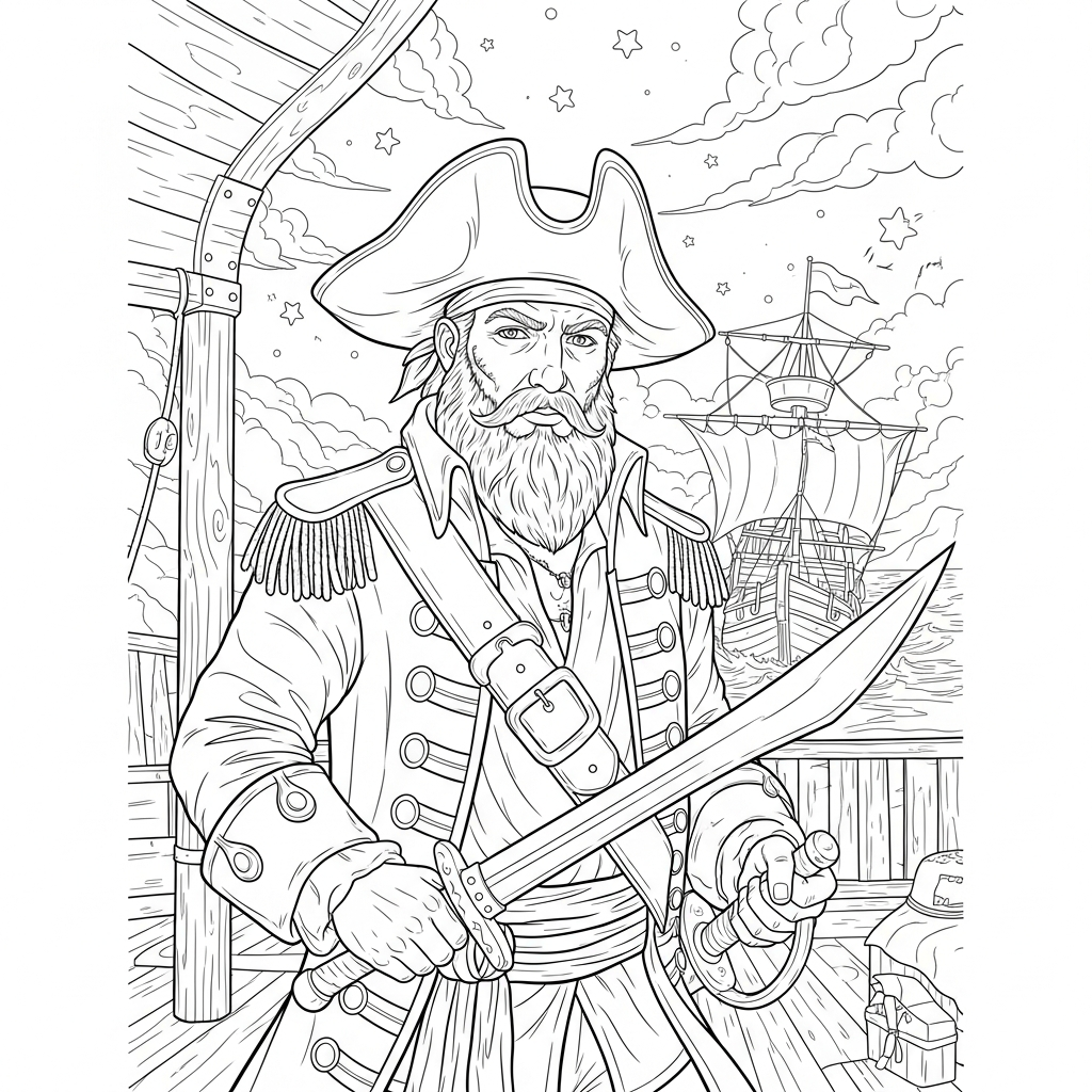 Detailed Pirate Captain Coloring Page: Intense Ship Battle Scene coloring page printable