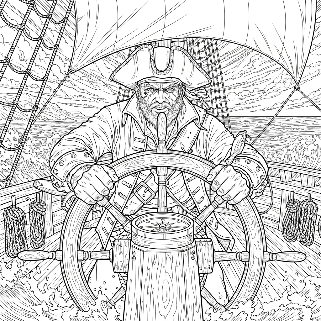 Challenging Pirate Captain Coloring Page Steering a Ship coloring page printable
