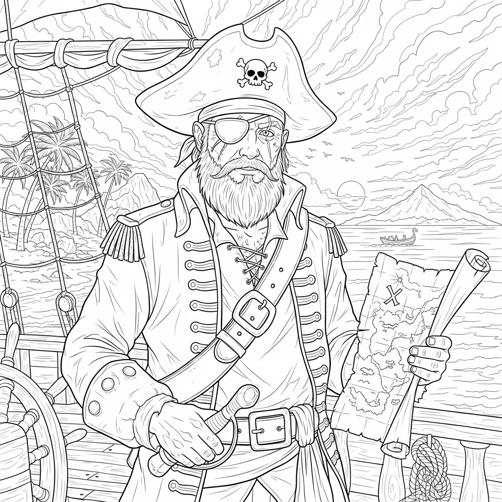 Farbseite: Herausforderung mit Realistischem Piratenkapitän und Schatzkarte coloring page printable
