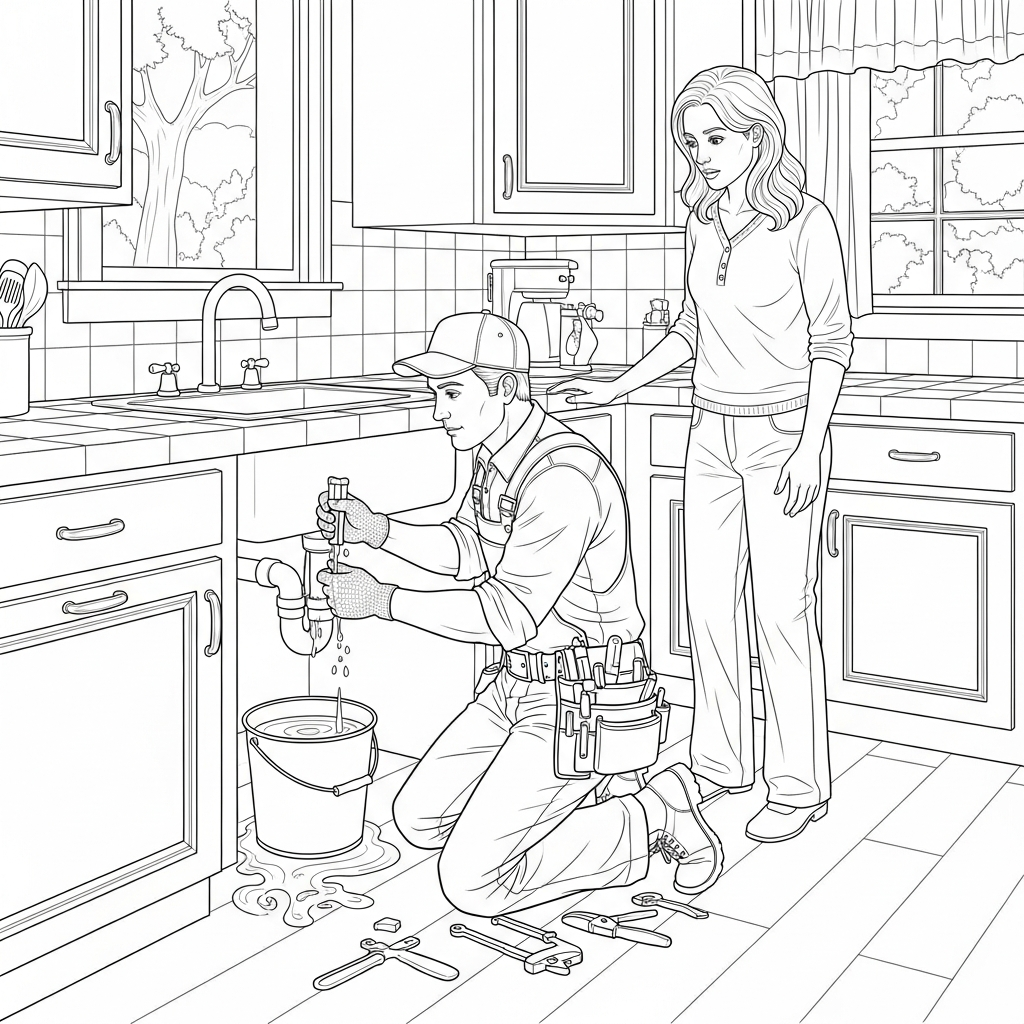 Realistisches Malvorlagen des Klempners bei der Hilfe von Hausbesitzern mit einem Rohrbruch coloring page printable