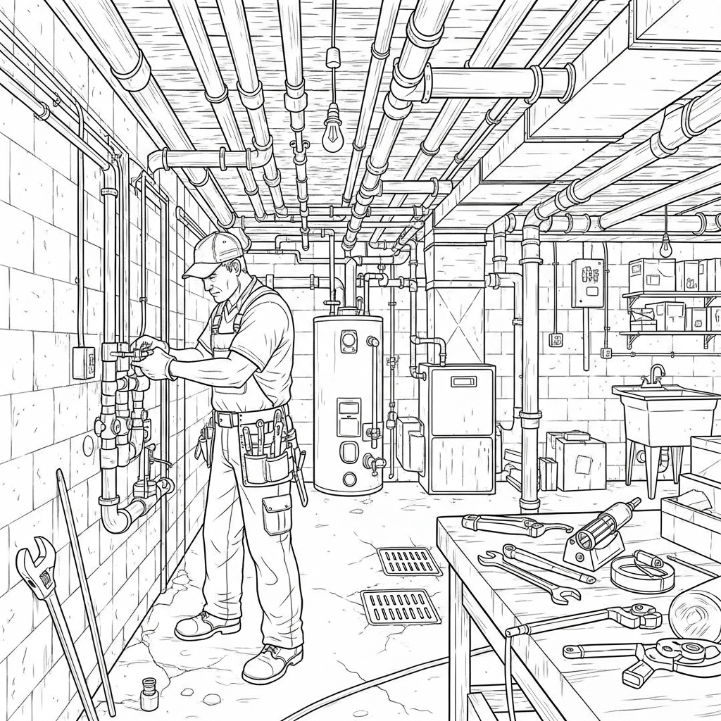 Challenging Plumber Installing Pipes in a Basement Coloring Page coloring page printable