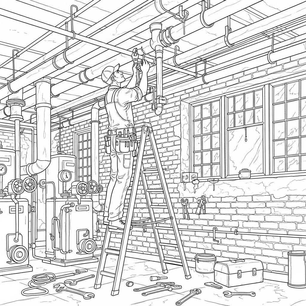 Challenging Plumber on a Ladder Fixing Ceiling Pipes Coloring Page coloring page printable
