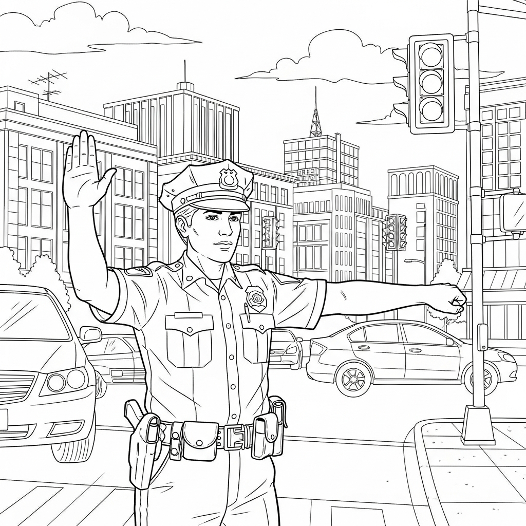 Detailed Police Officer Traffic Control Coloring Page coloring page printable