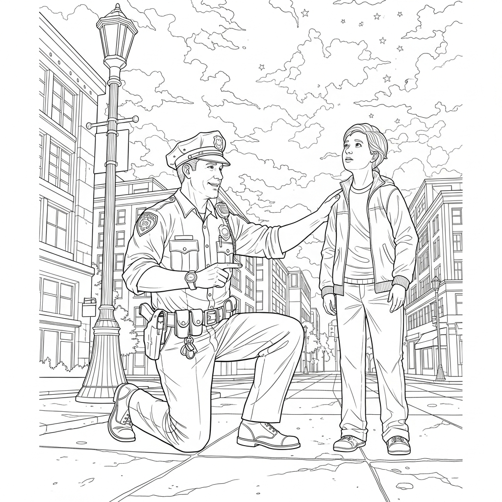 Desenho para Colorir: Policial Realista Ajudando Criança Perdida coloring page printable