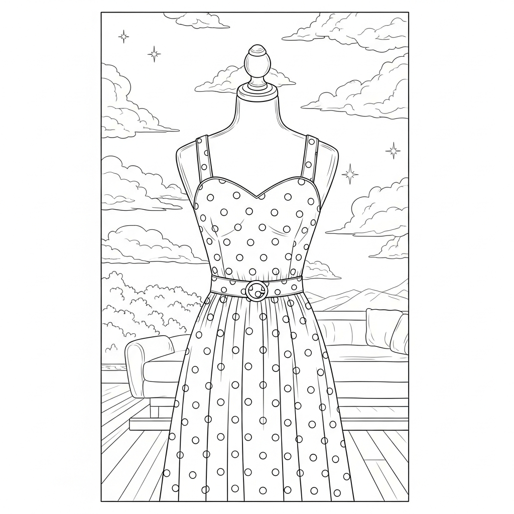 Página para Colorear de Maniquí con Vestido de Lunares Realista Difícil coloring page printable