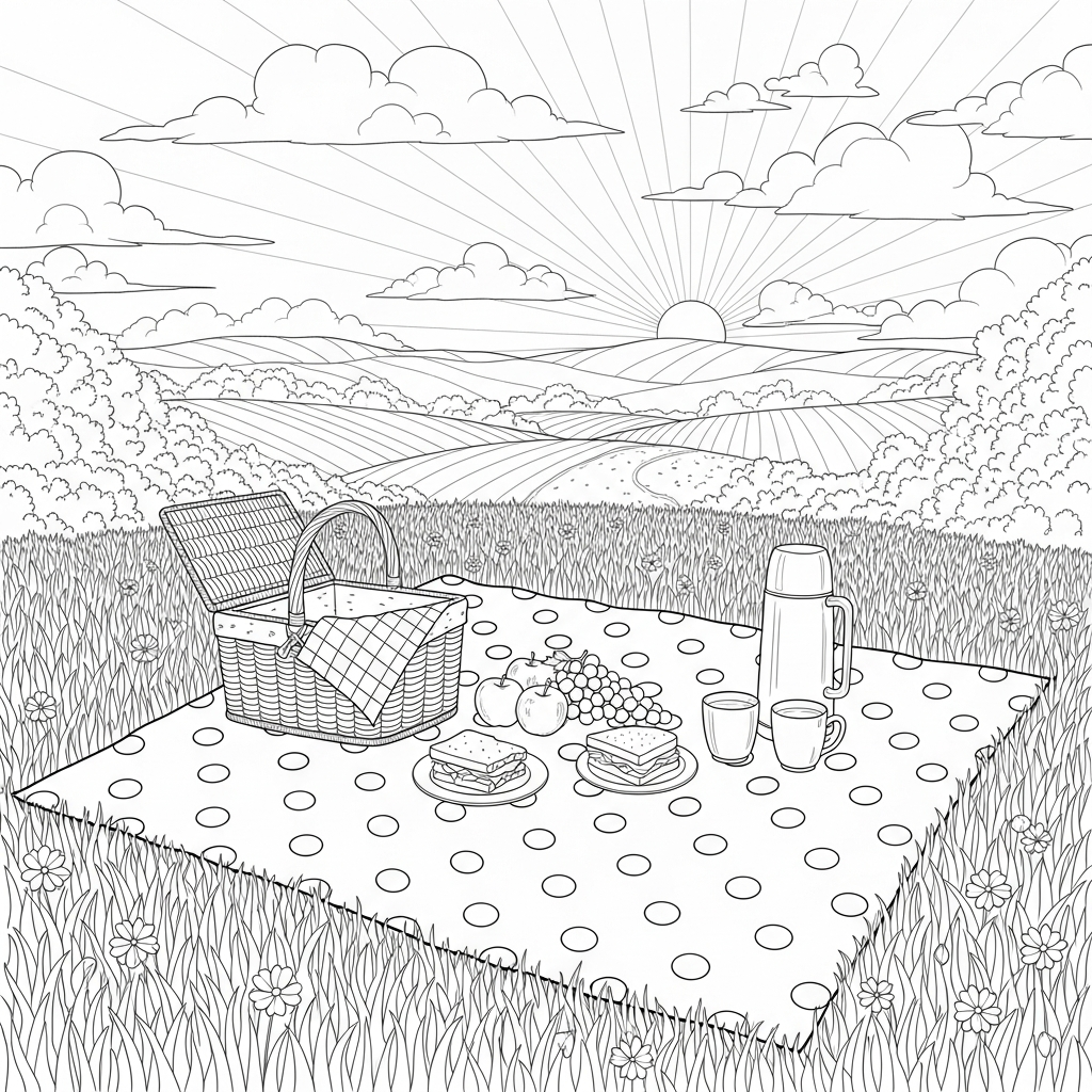 Challenging Realistic Polka Dot Picnic Blanket Coloring Page coloring page printable