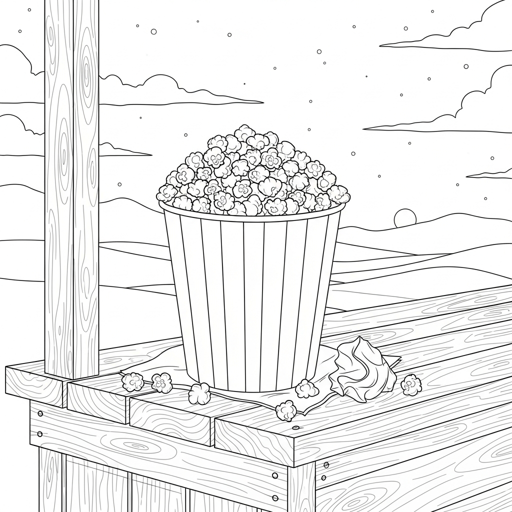 Páginas para Colorir: Balde de Pipoca Realista em uma Barraca de Lanches coloring page printable