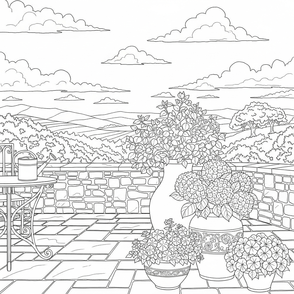 Challenging Realistic Potted Flowers Coloring Page for Relaxation coloring page printable