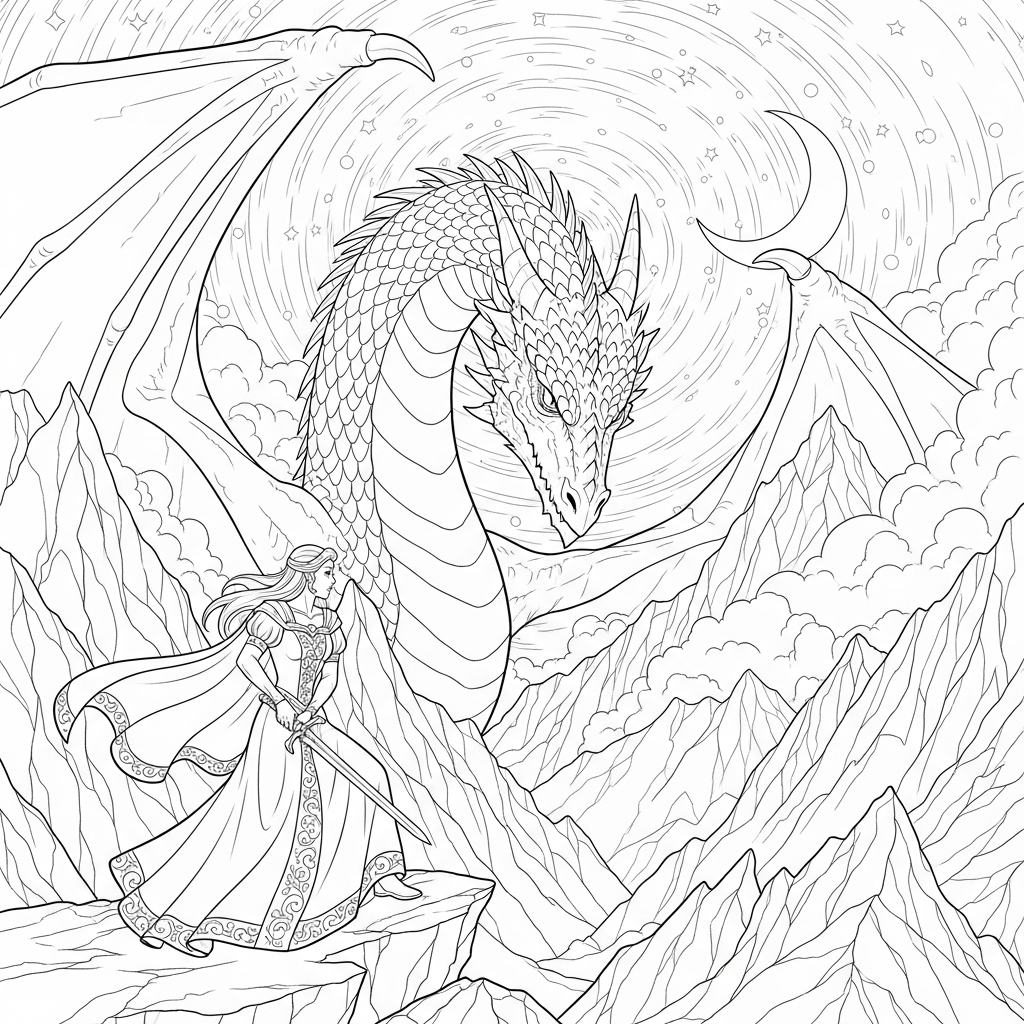 Challenging Princess and Dragon Coloring Page coloring page printable
