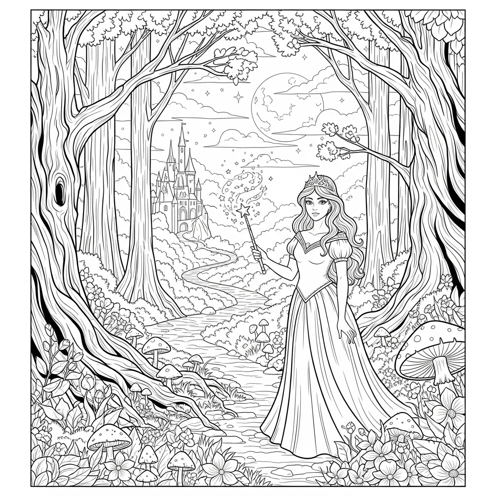 Página para Colorear de Princesa Realista Difícil con Varita Mágica coloring page printable