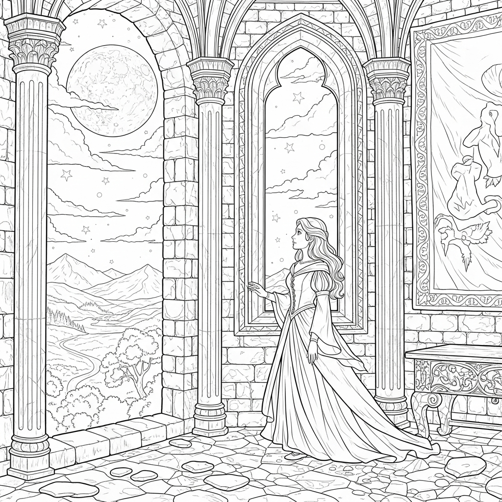 Hard Realistic Princess In Moonlit Tower Coloring Page coloring page printable