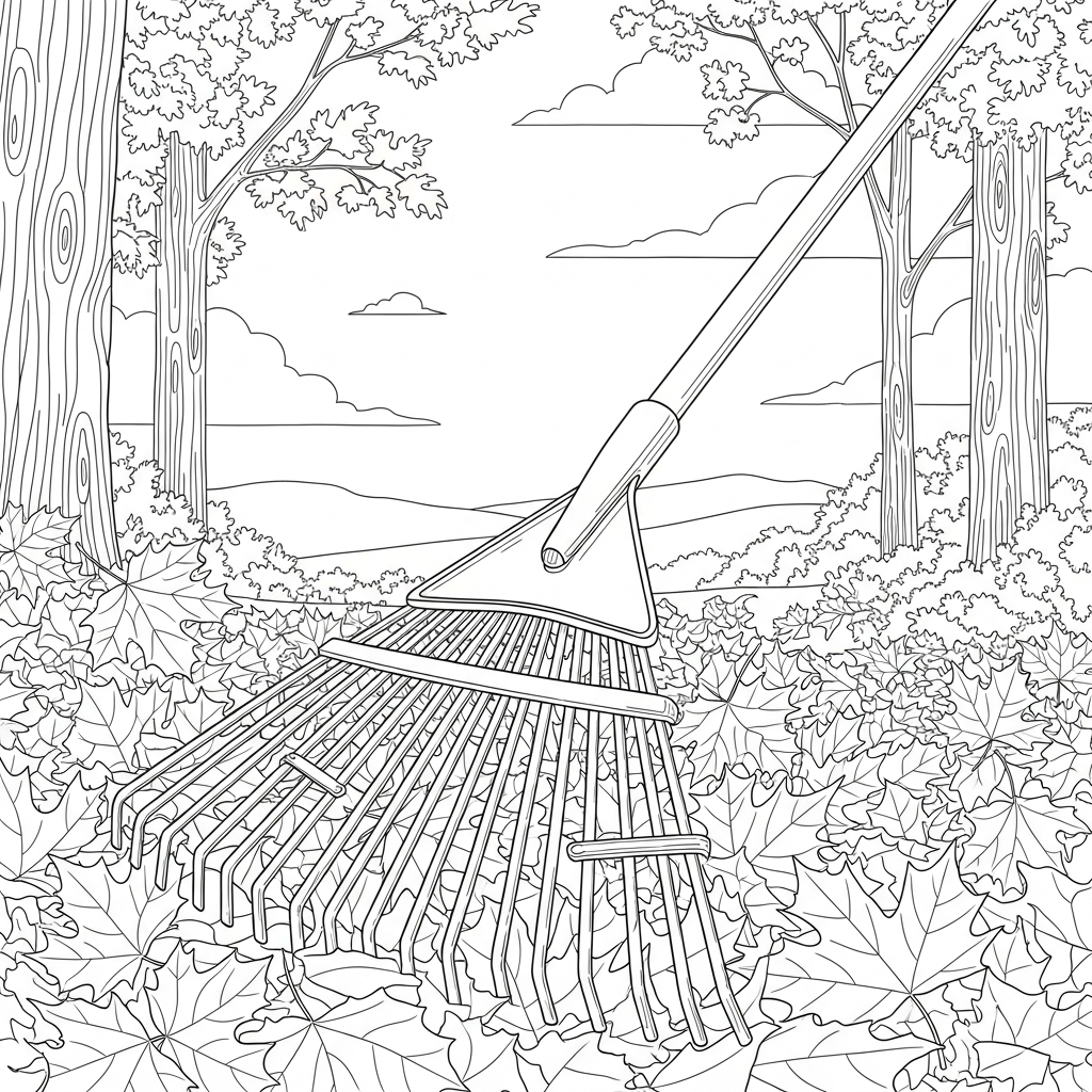 Página para Colorear de un Rastrillo Realista Duro con Hojas de Arce coloring page printable
