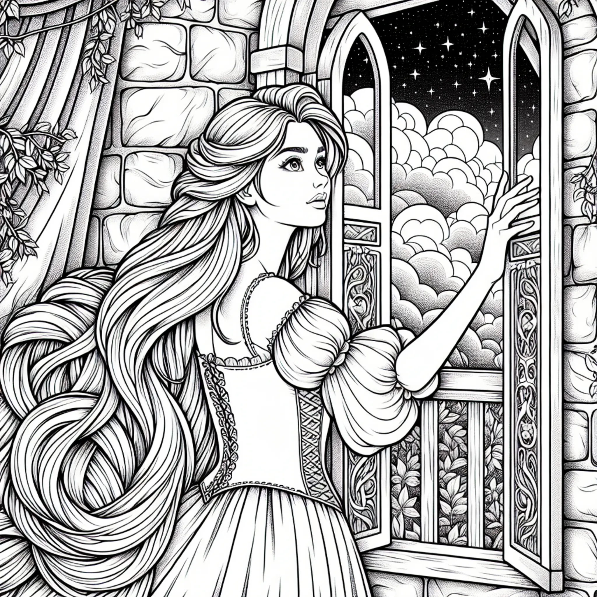 Schwierige Realistische Rapunzel Türfenster Malvorlage coloring page printable