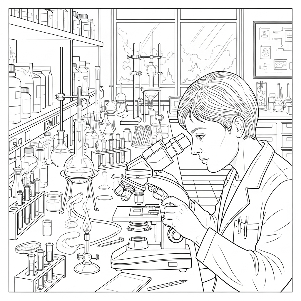 Pagina da Colorare: Ricercatore Realistico che Esamina un Campione al Microscopio coloring page printable