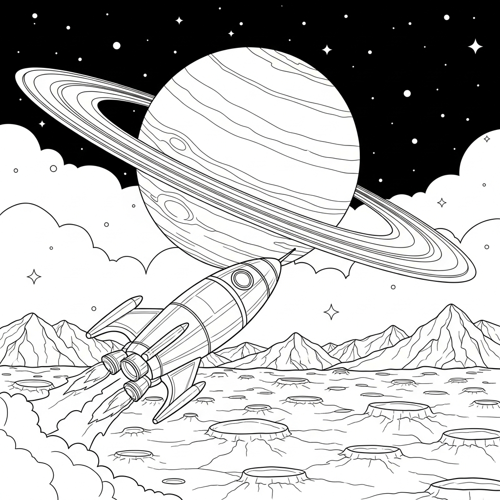 Challenging Ringed Planet with Rocket Ship Coloring Page coloring page printable