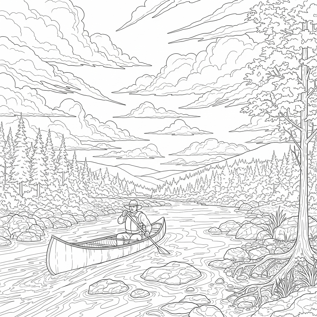 Challenging Canoe on a Realistic River Coloring Page coloring page printable