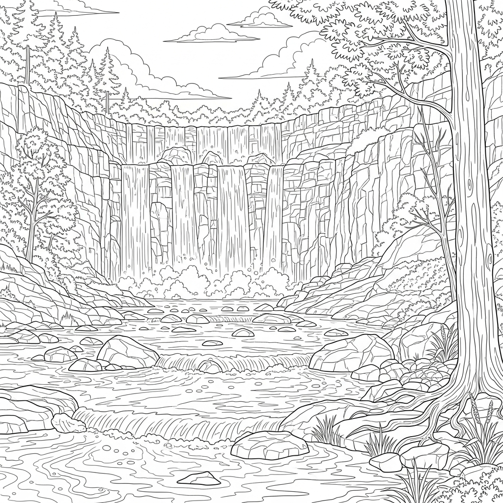 Página para Colorear de Rió Realista Difícil con Cascada coloring page printable