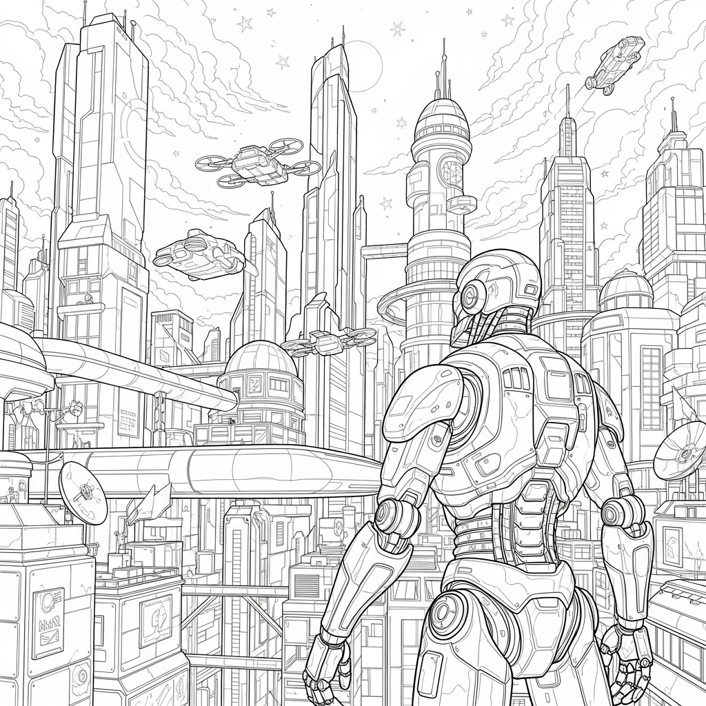 Intricate Robot in a Futuristic City Coloring Page coloring page printable
