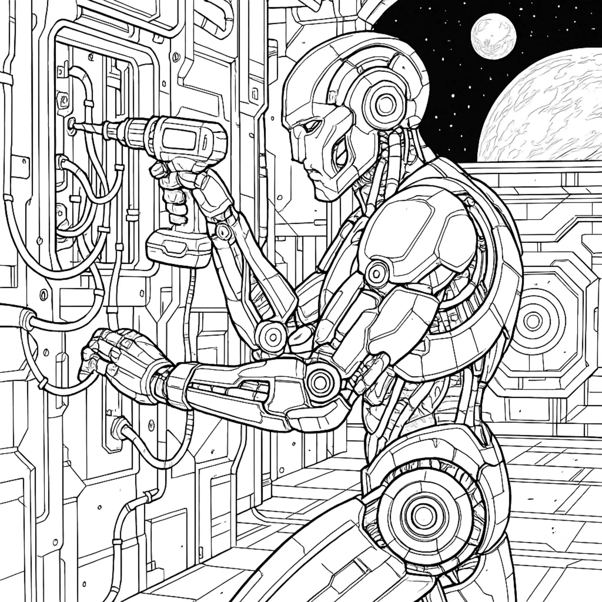 Explora Nuestra Página para Colorear de un Robot Realista Reparando una Estación Espacial coloring page printable