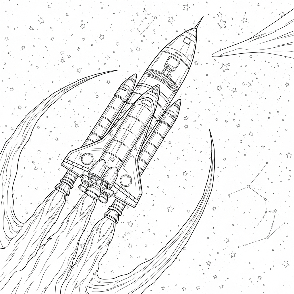 Moeilijke Realistische Raket Met Sterrenachtergrond Kleurplaat coloring page printable