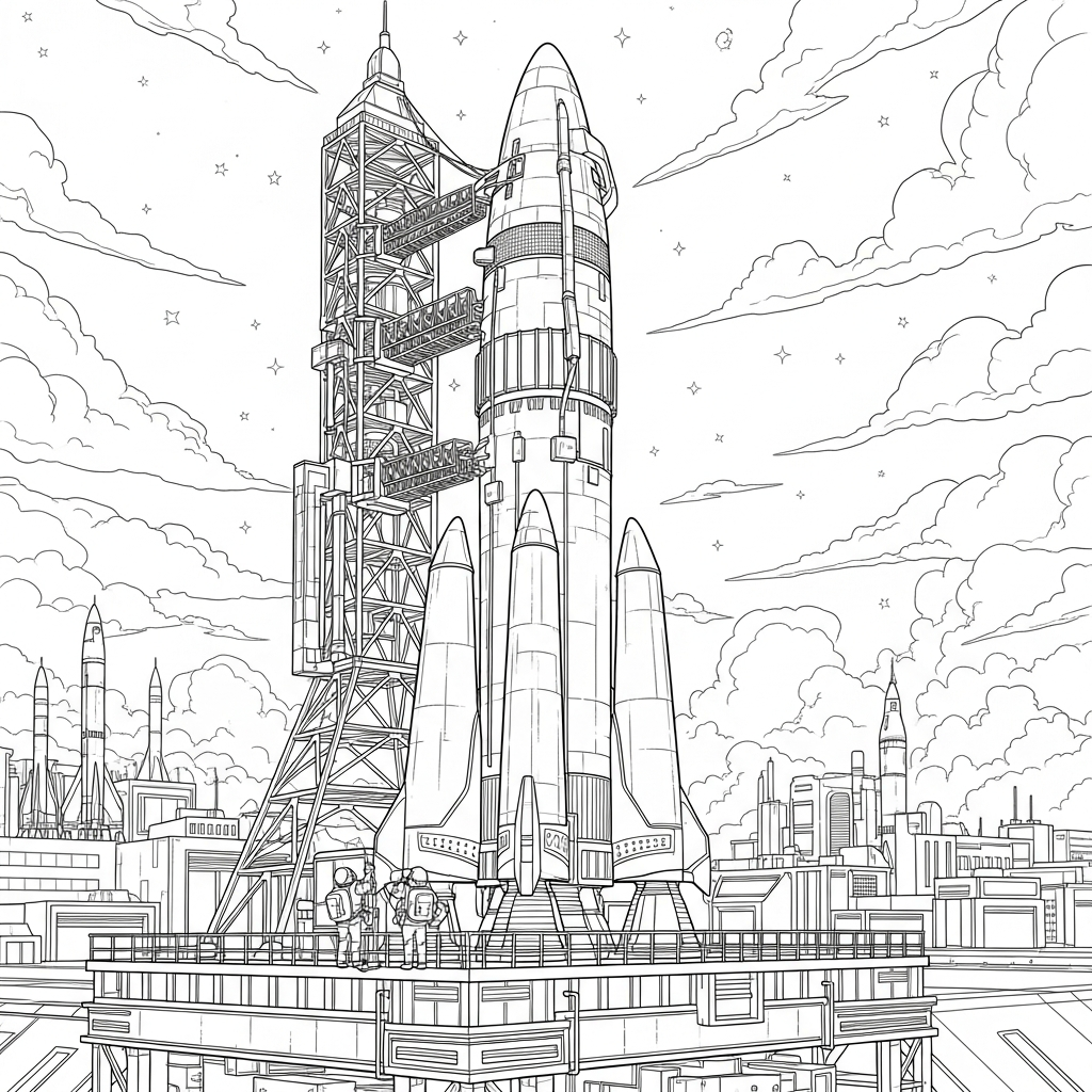 Página para Colorear de un Cohete Espacial Realista con Astronautas coloring page printable