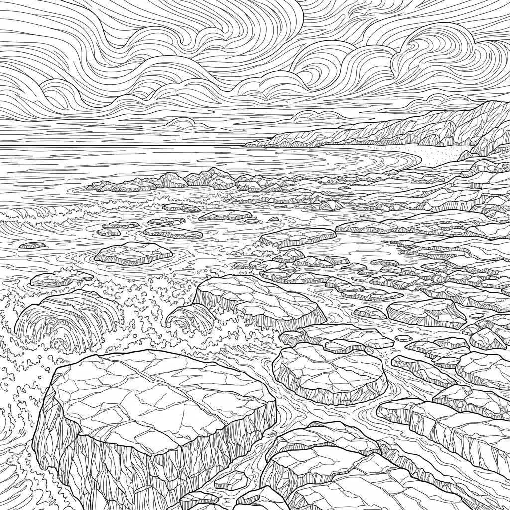 Schwere Realistische Felsenstrand Küste Mit Surf Ausmalbild coloring page printable