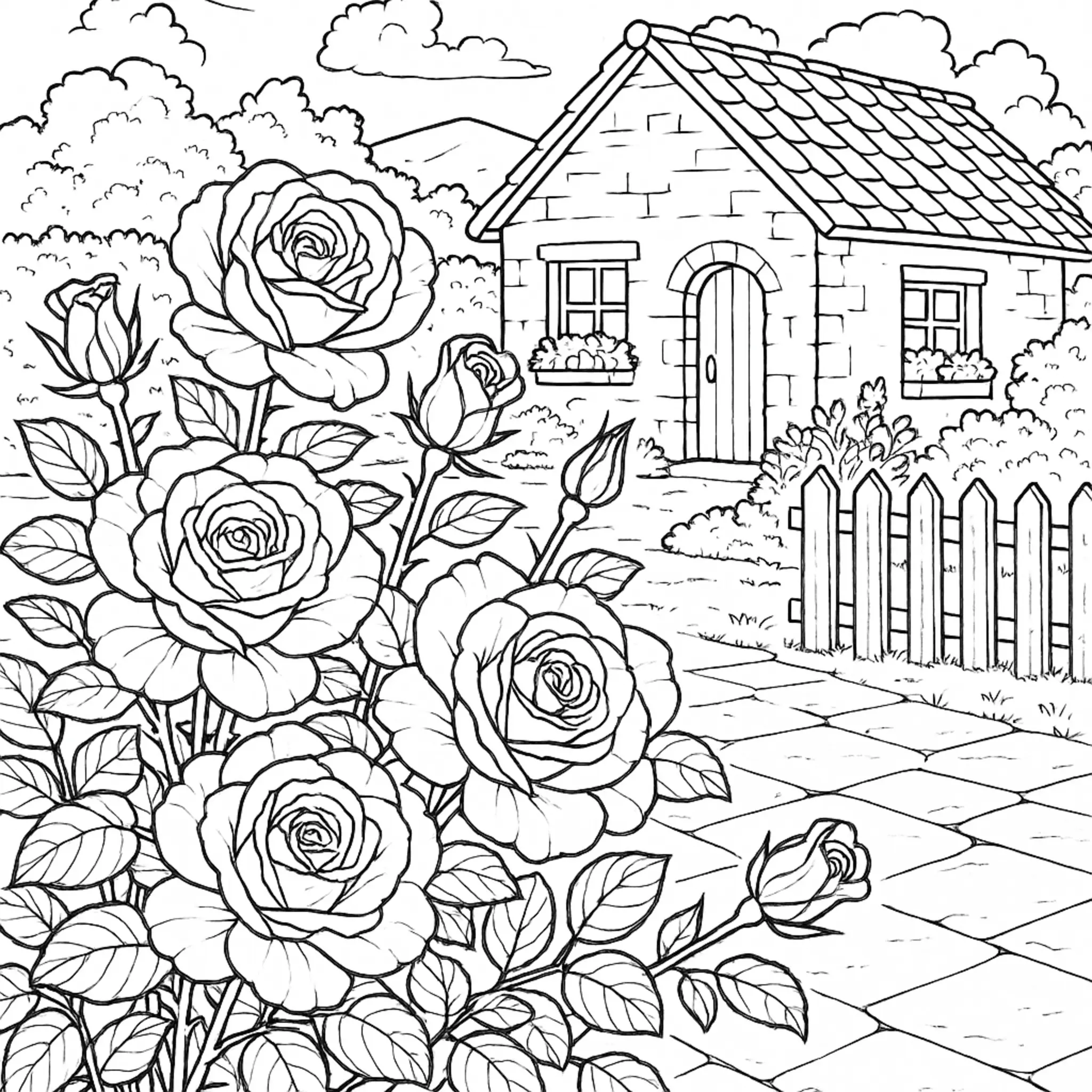 Magnifique Page à Colorier de Roses Réalistes dans un Jardin de Cottage coloring page printable
