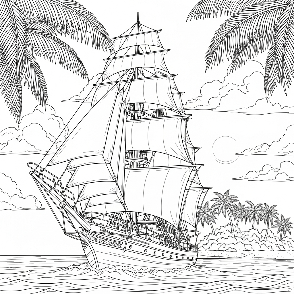 Moeilijke Realistische Zeilboot Bij Tropisch Eiland Kleurplaat coloring page printable