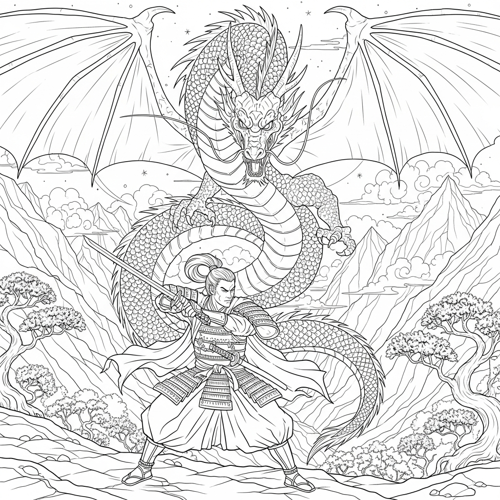 Schwierige realistische Samurai und Drache in dramatischer Szene Malvorlage coloring page printable