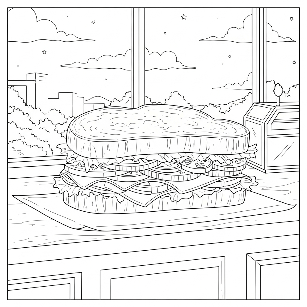 Realistisches Sandwich auf dem Delikatesse-Tresen Ausmalbild coloring page printable