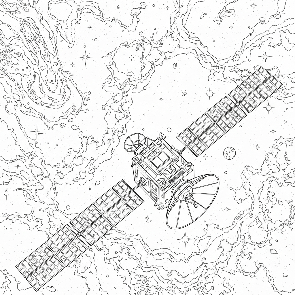 Detailed Satellite Coloring Page in Deep Space coloring page printable