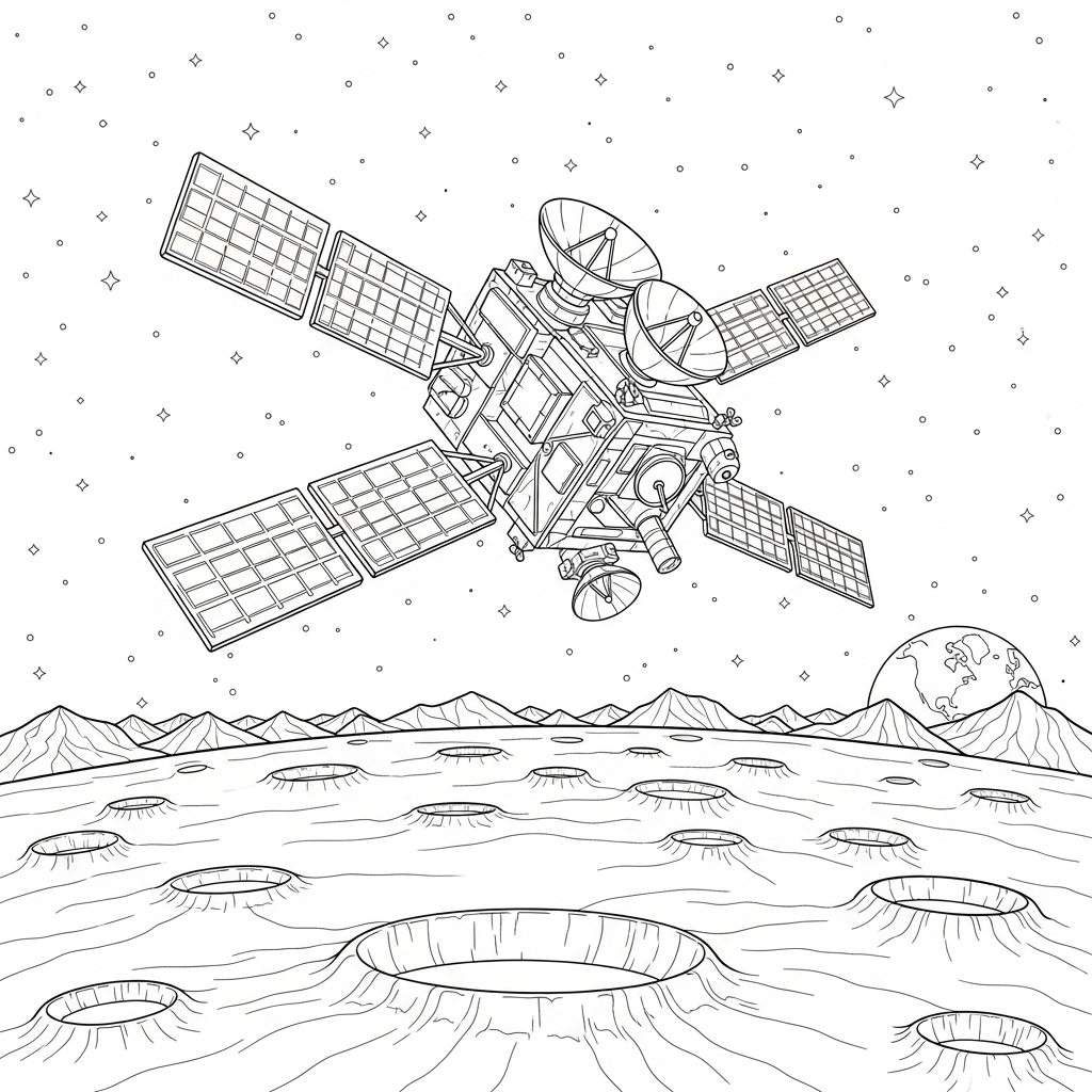 Uitdagende Realistische Kleurplaat van een Satelliet Boven het Oppervlak van de Maan coloring page printable