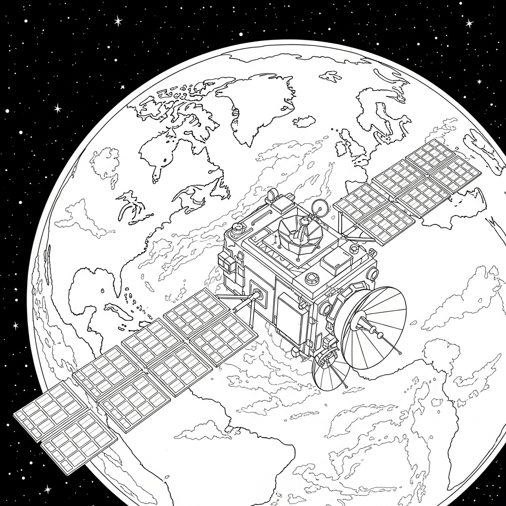 Realistic Satellite Coloring Page Above a Cloudy Earth coloring page printable