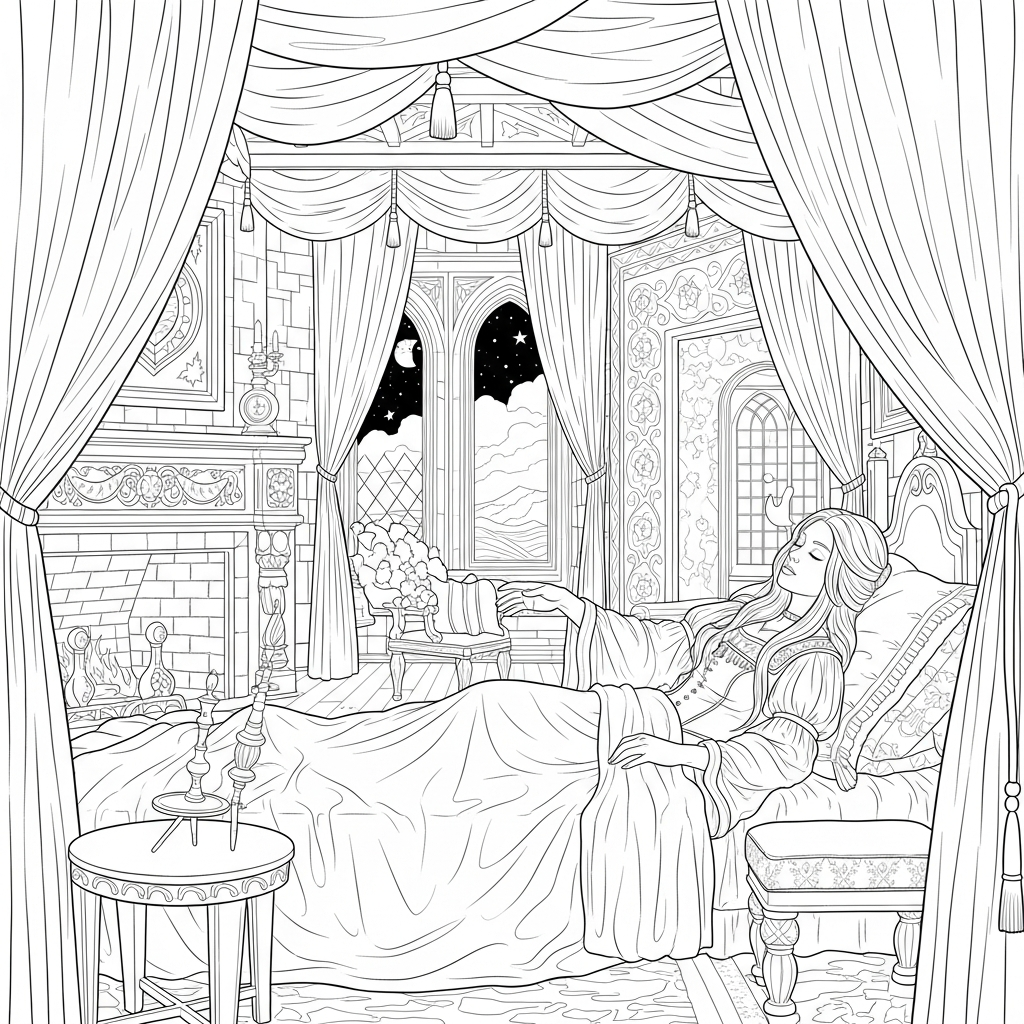 Página para Colorear de La Bella Durmiente Realista Difícil Alcanzando el Huso coloring page printable