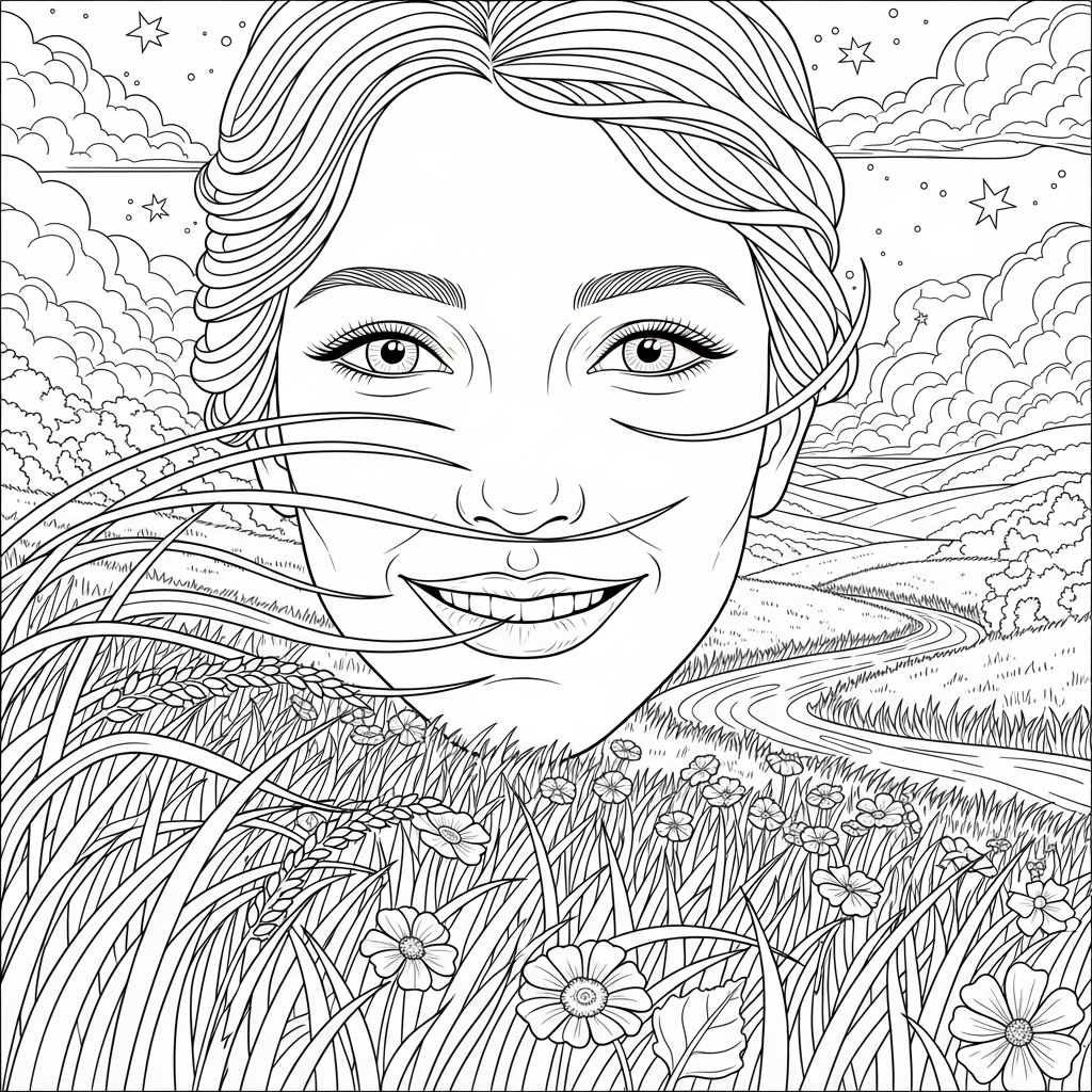Dibujo para Colorear: Rostro Sonriente Realista en un Campo con Brisa Suave coloring page printable
