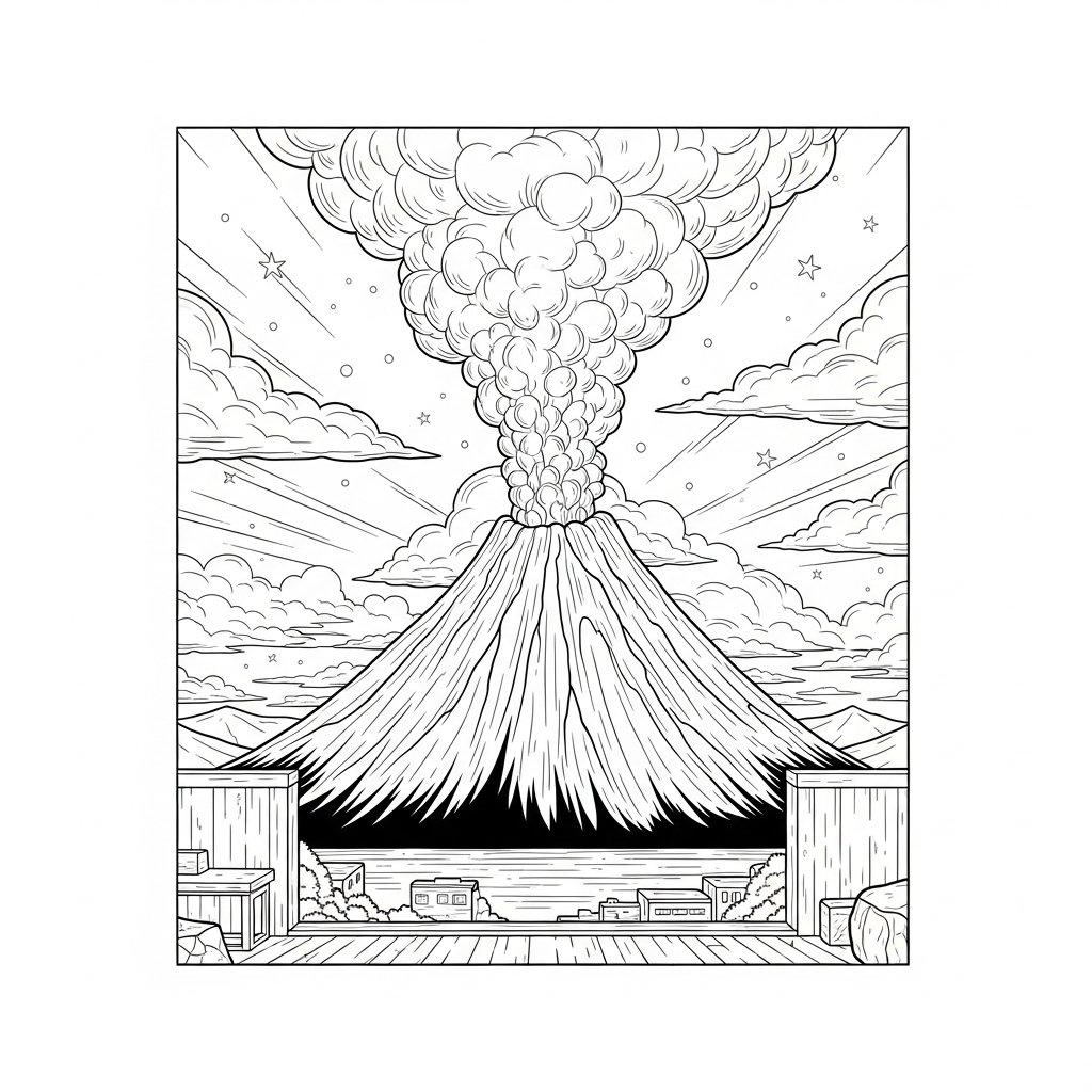 Challenging Realistic Volcano Coloring Page at Sunset coloring page printable