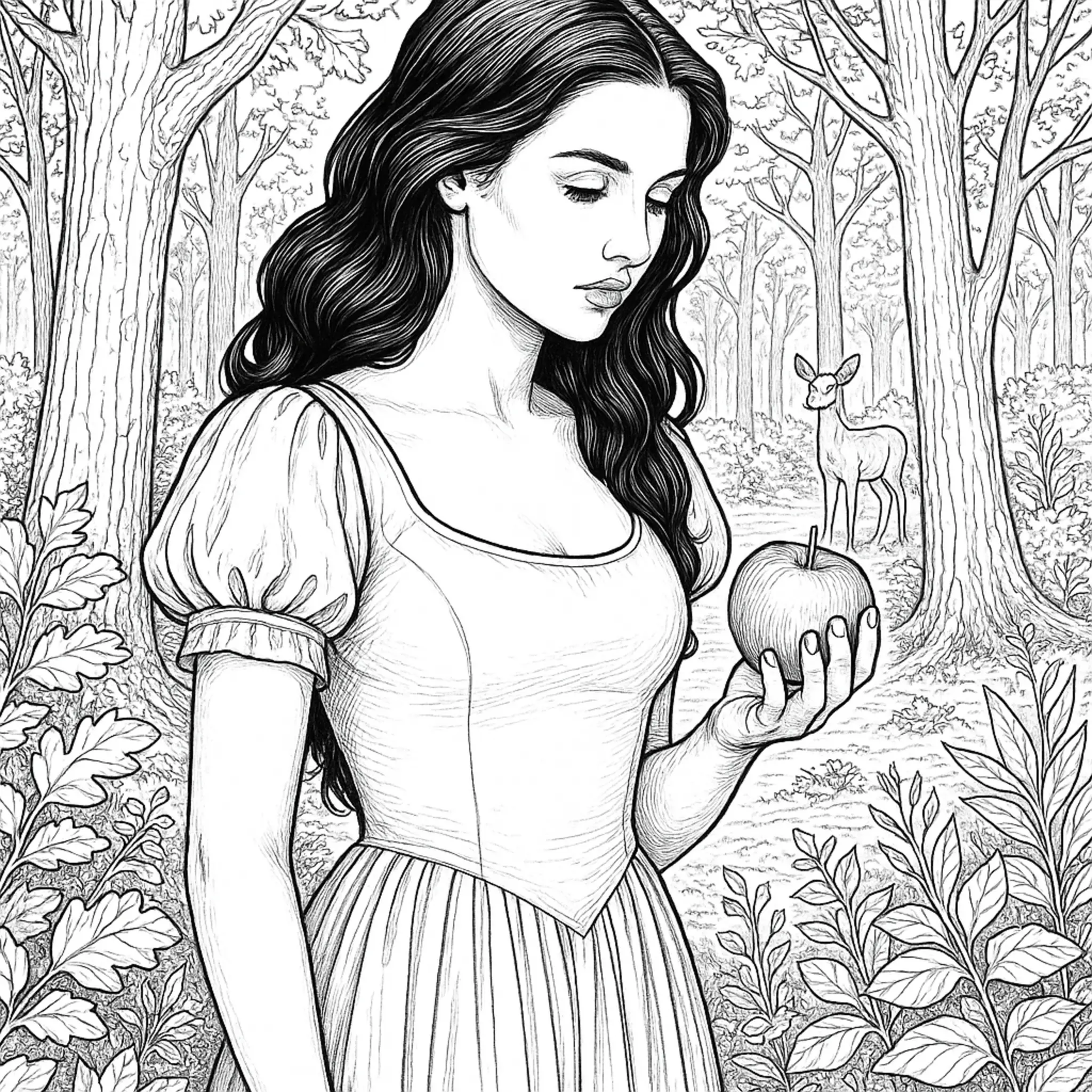 Entdecke unsere anspruchsvolle realistische Schneewittchen-Ausmalbild im Wald mit dem Apfel coloring page printable