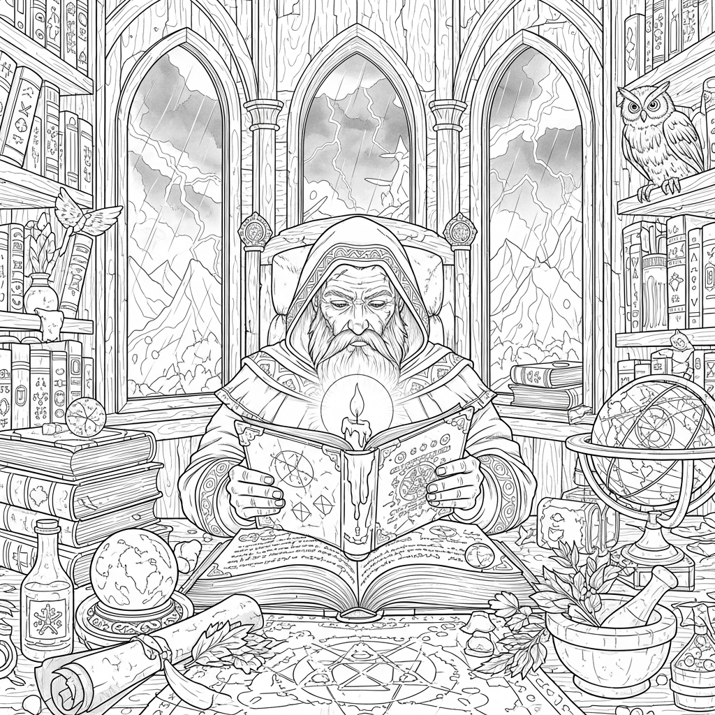 Intricate Sorcerer Reading Spellbook Coloring Page coloring page printable