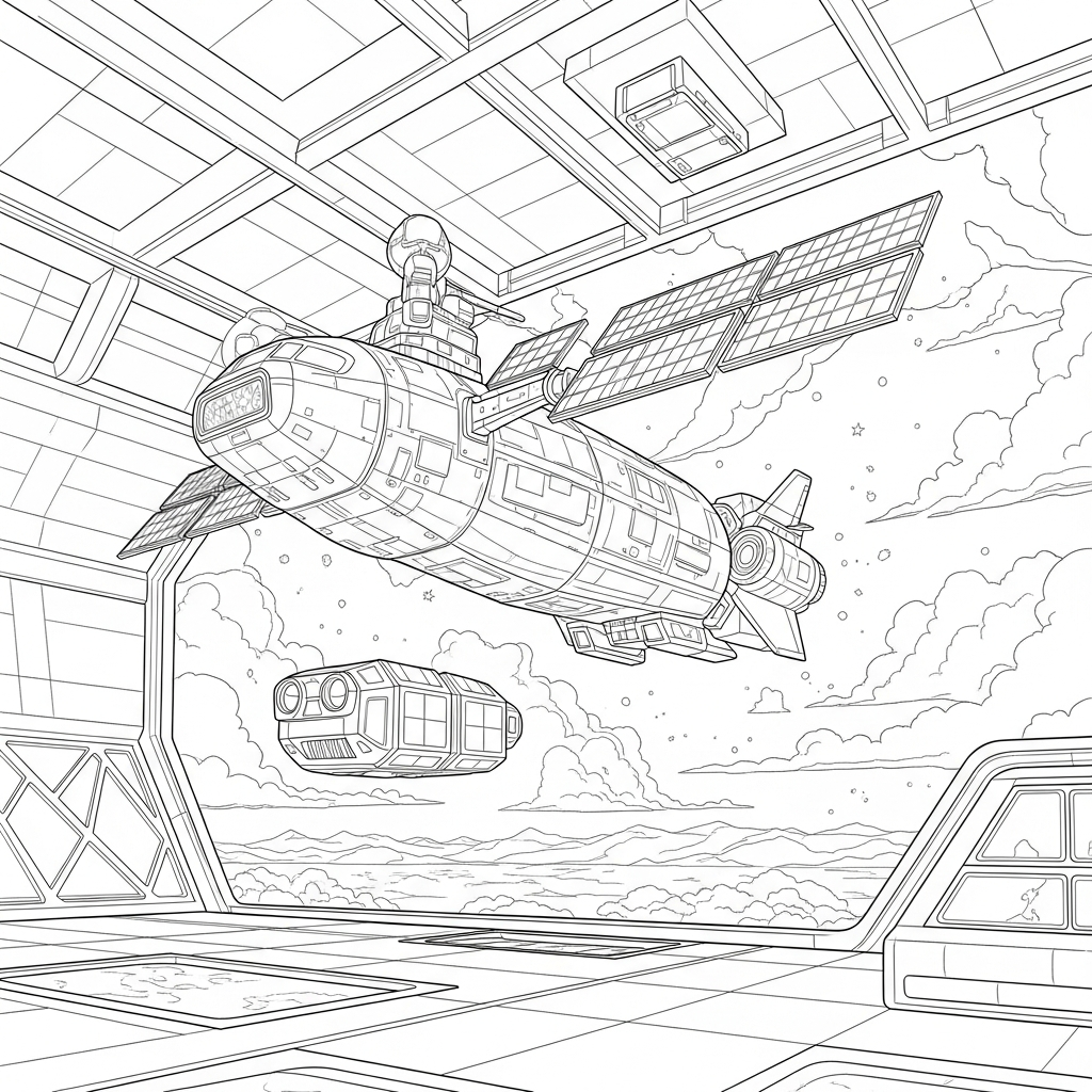 Disegno da Colorare: Stazione Spaziale Realistica e Veicolo Cargo coloring page printable