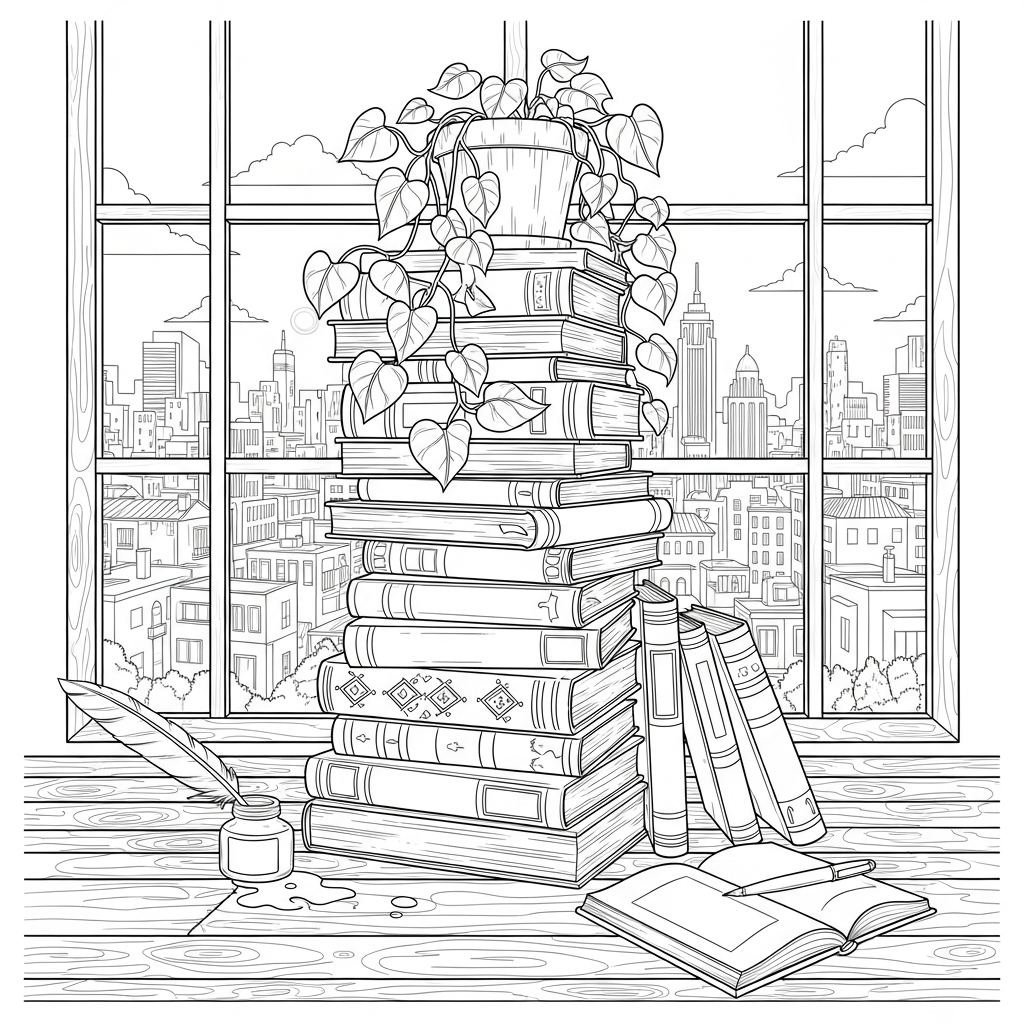 Colora una Pila di Libri Realistica con Pianta coloring page printable