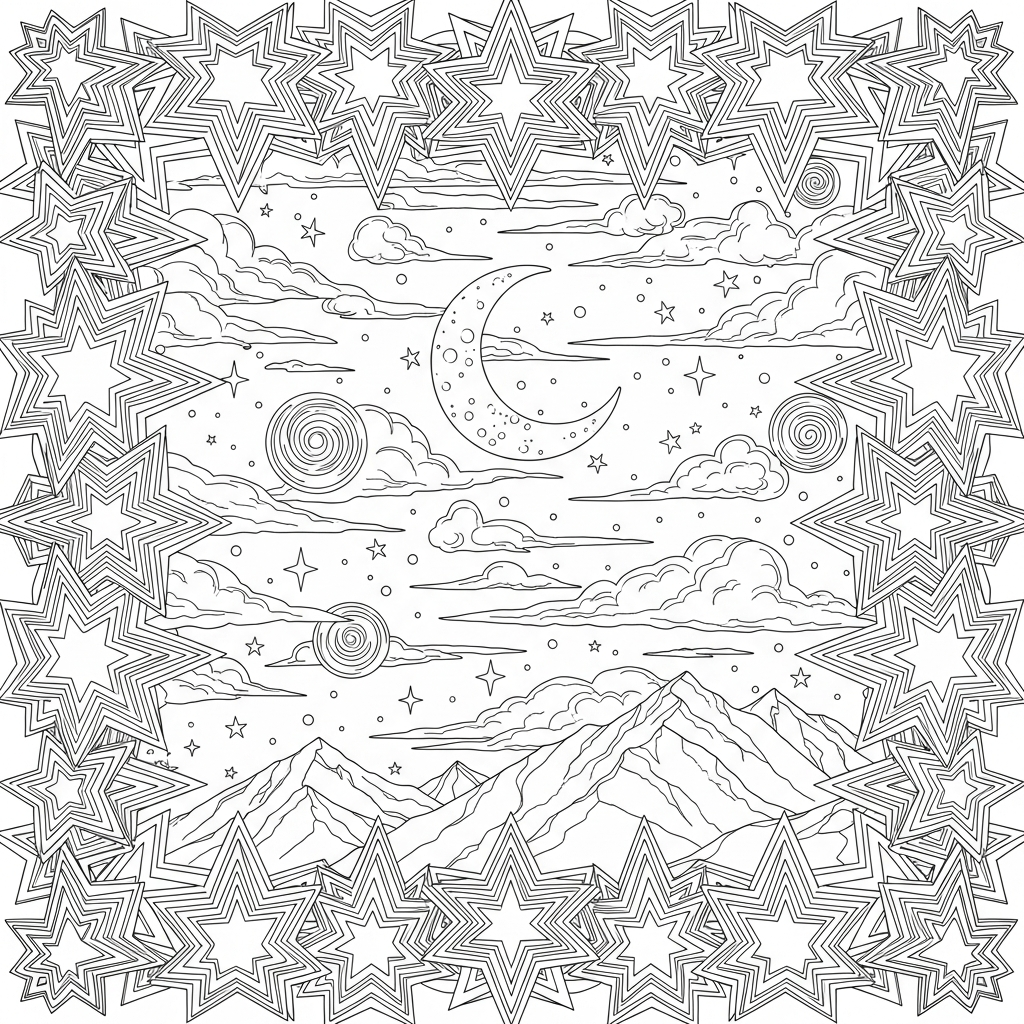 Page à Colorier : Motif de Bordure Étoilée Réaliste Difficile coloring page printable