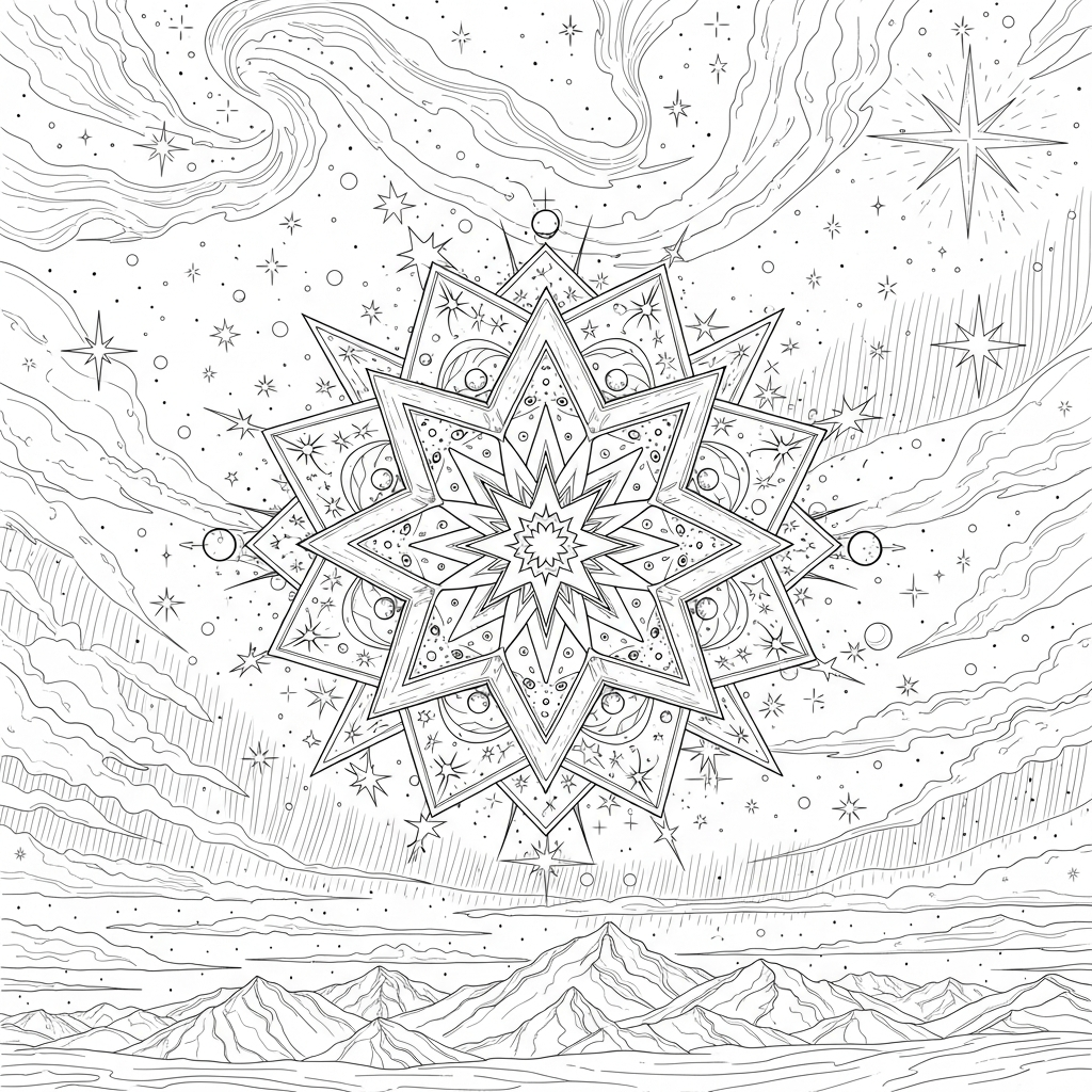 Schweres realistisches Mandala mit Sternen-Muster Ausmalbild coloring page printable