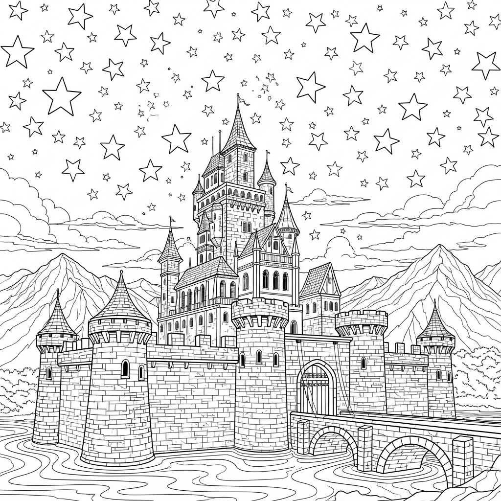 Coloriage de Stars Réalistes Difficiles au Dessus d'un Château coloring page printable