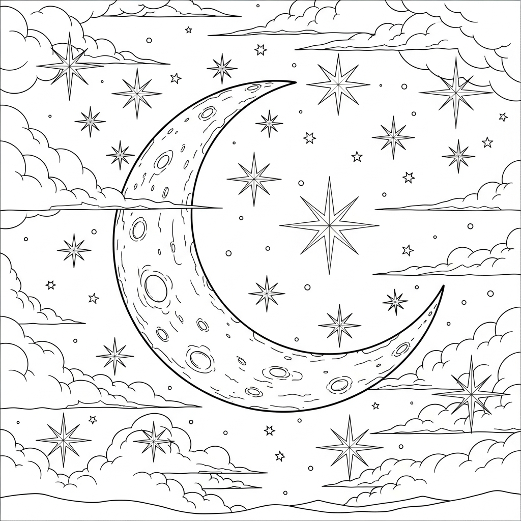 Challenging Realistic Stars and Moon coloring page coloring page printable