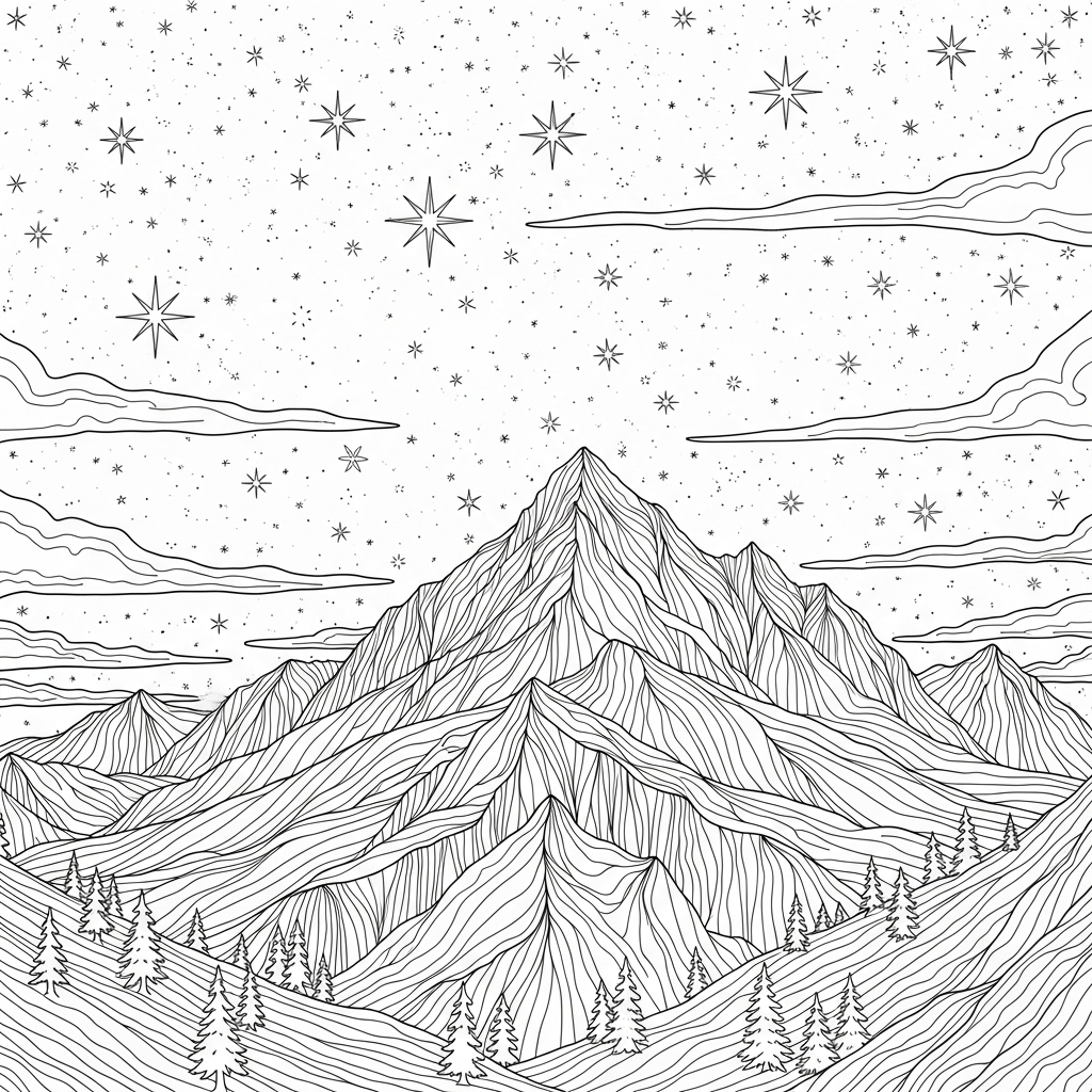 Moeilijke Realistische Sterren Boven Bergen Kleurplaat coloring page printable