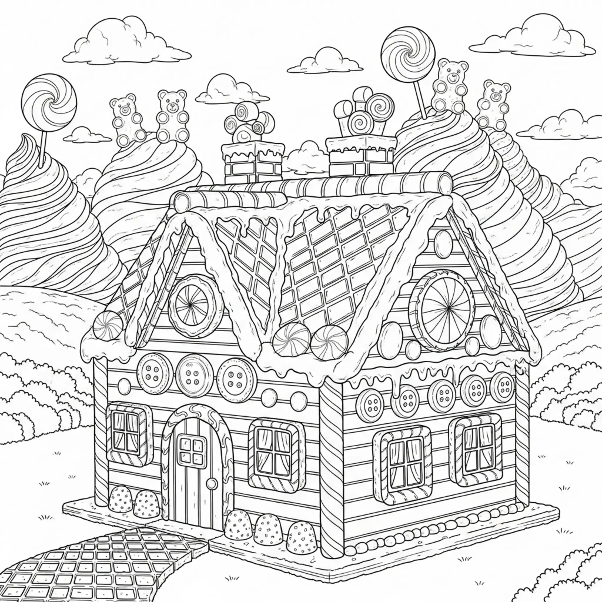 Aufwendiges Realistisches Märchenhaus Voller Süßigkeiten Malvorlage coloring page printable